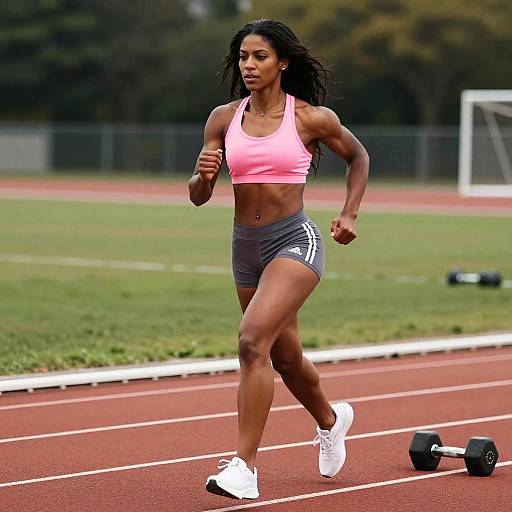 Athletic Woman Running on Track in Pink Sports Bra and Gray Shorts