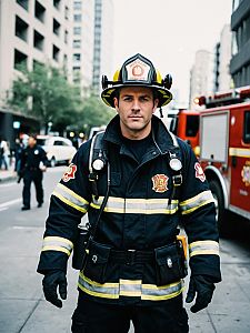Man in Firefighter Costume Waist Up Cosplay Photo Outdoors in Urban Street
