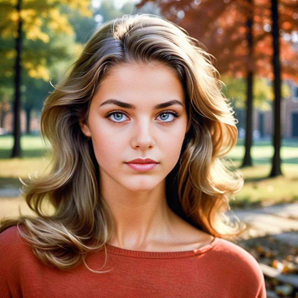 Portrait of Woman with Flowing Hair and Blue Eyes in Autumn