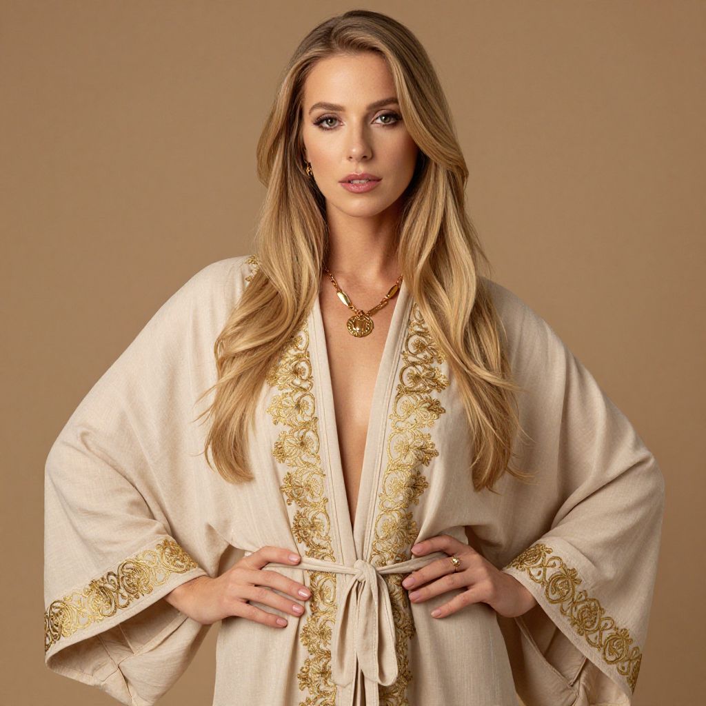 Elegant Woman in Beige Embroidered Robe with Gold Accessories