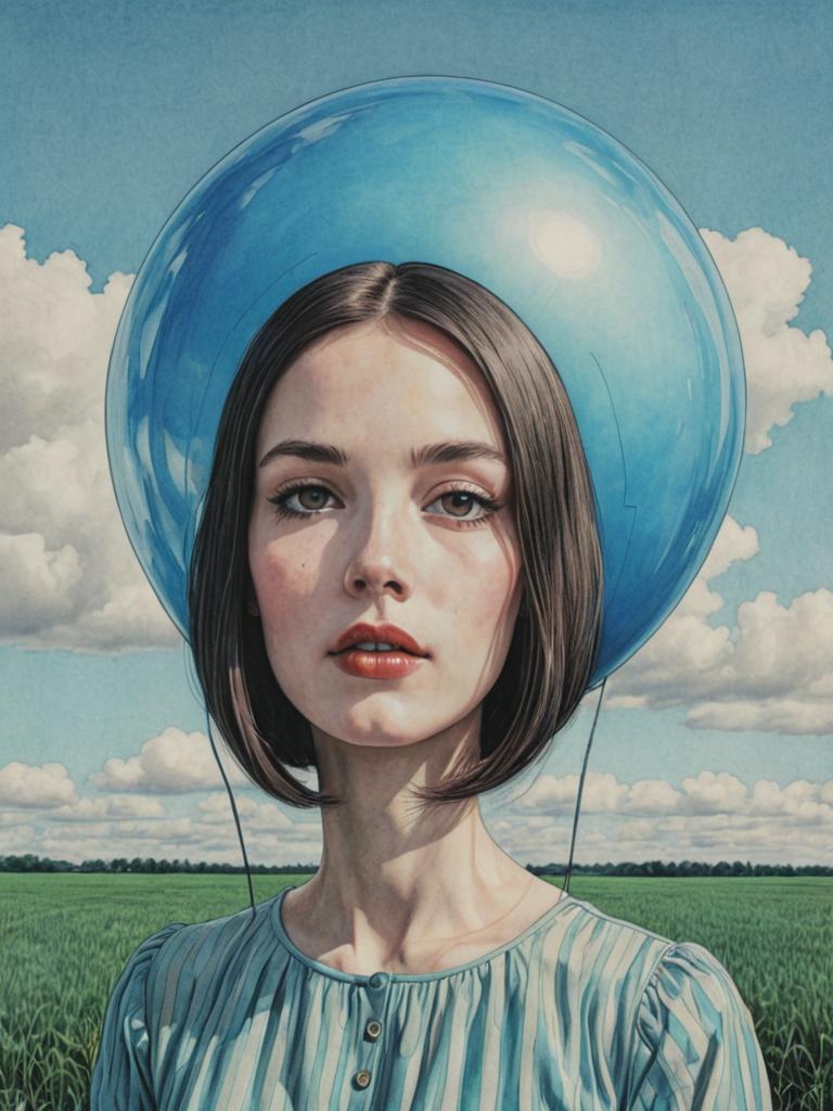 Serene Woman with Balloon Head in Blue Sky