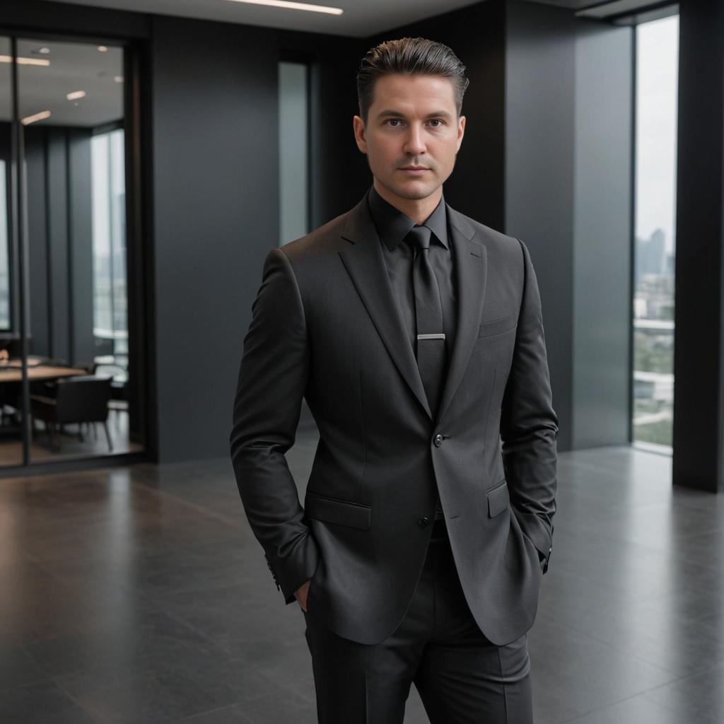 Confident Man in Black Suit in Modern Office