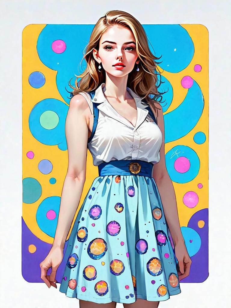 Realistic Comic Style Full Body Woman in Colorful Dress Illustration