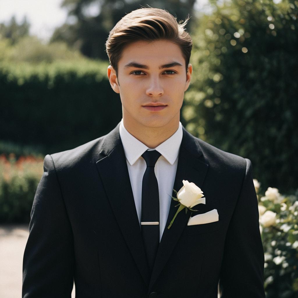 Young Man in Black Suit with White Rose Boutonniere