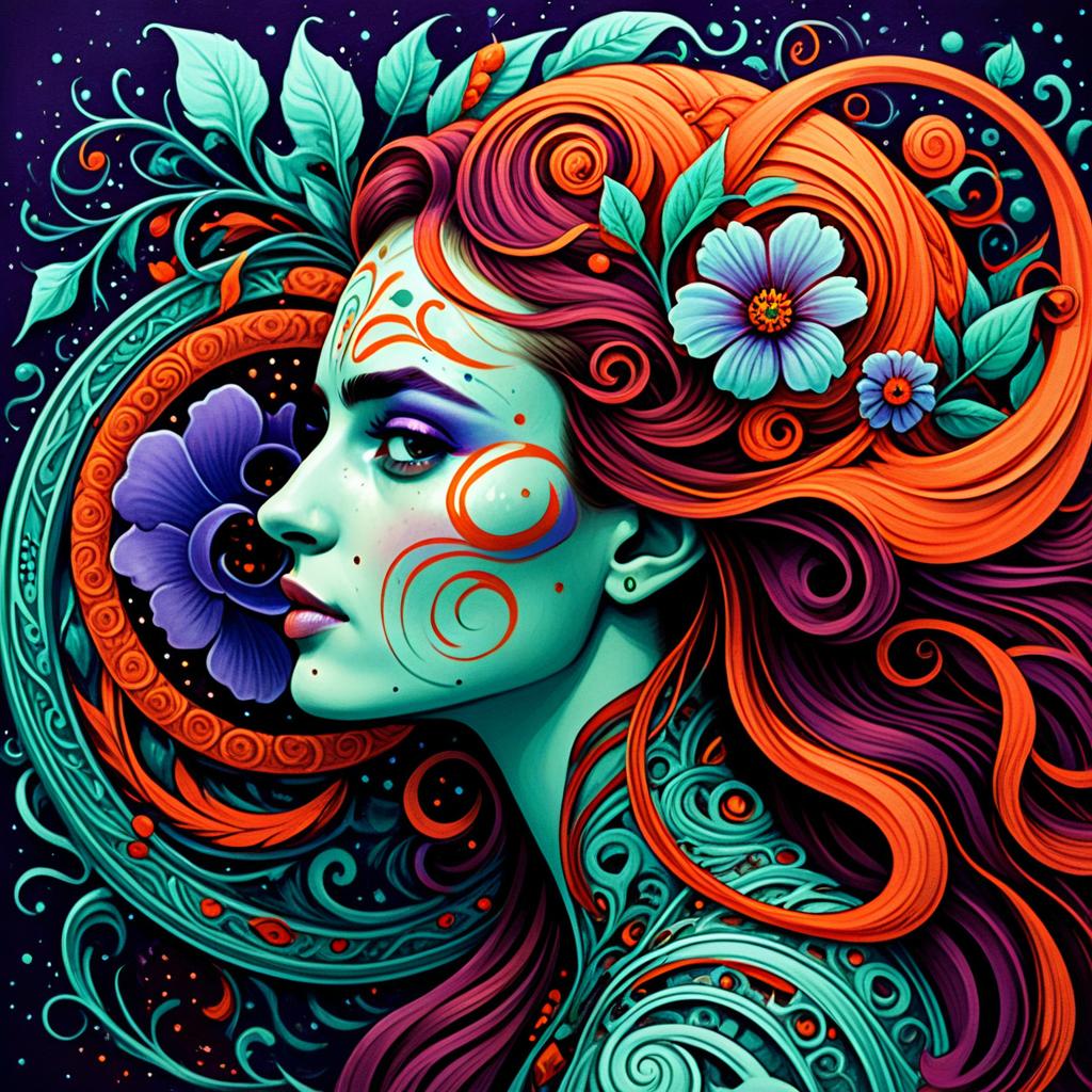 Psychedelic Digital Portrait of Woman with Ornamental Swirls and Flowers