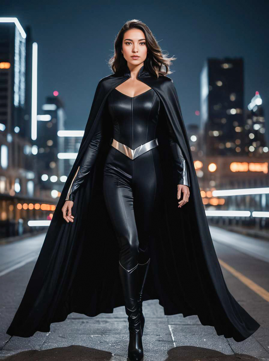 Confident Woman in Black Superhero Outfit at Night