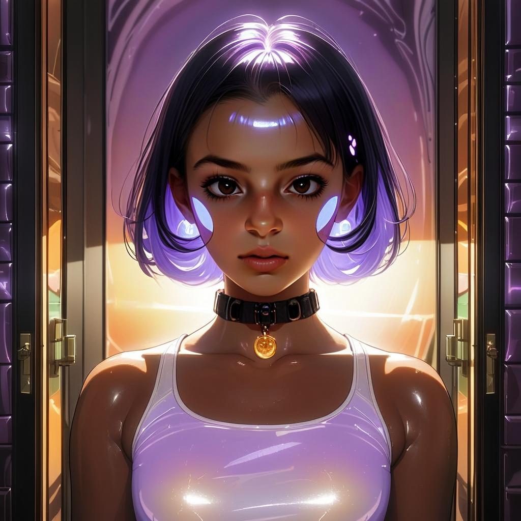 Portrait of a Young Woman with Sleek Hair and Futuristic Background Portrait of a Young Woman with Sleek Hair and Futuristic Background