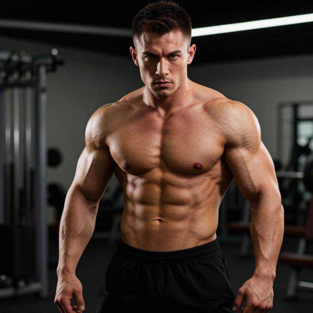 Muscular Man with Chiseled Physique in Gym Fitness Workout