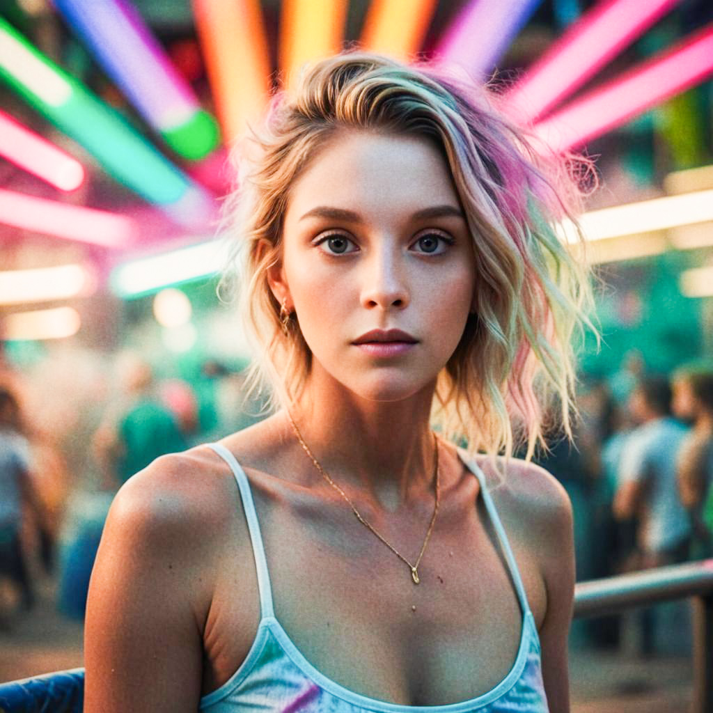 Young Woman in Neon Lights at Festival