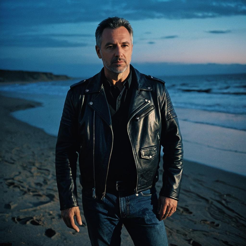 Mature Man in Black Leather Jacket on Beach at Dusk Mature Man in Black Leather Jacket on Beach at Dusk