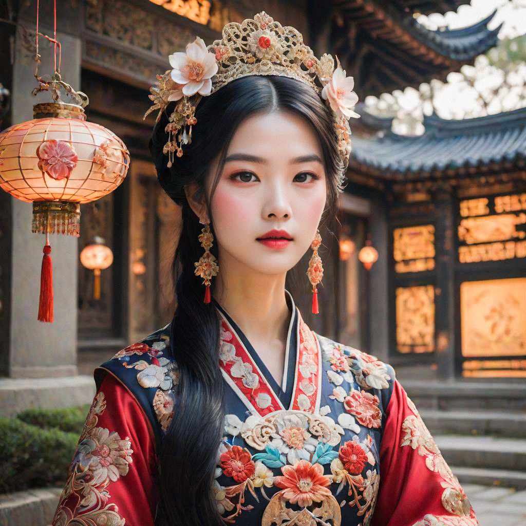 Elegant Woman in Traditional Attire with Lanterns Elegant Woman in Traditional Attire with Lanterns