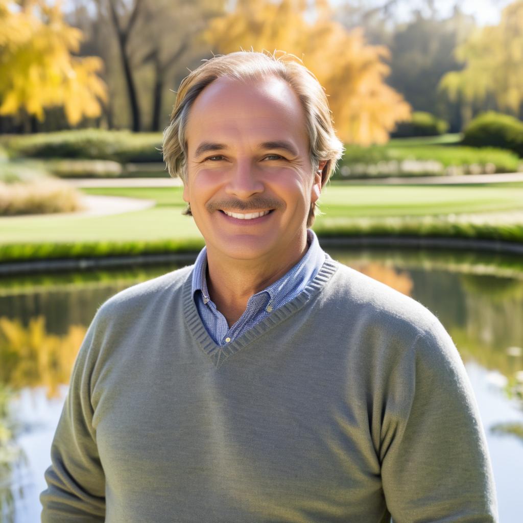 Cheerful man by serene pond in autumn