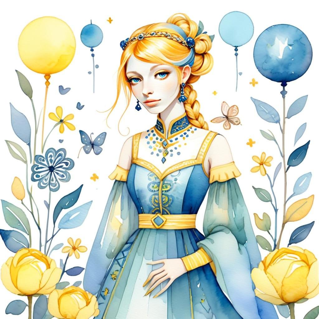 Elegant Woman in Medieval Blue and Yellow Gown