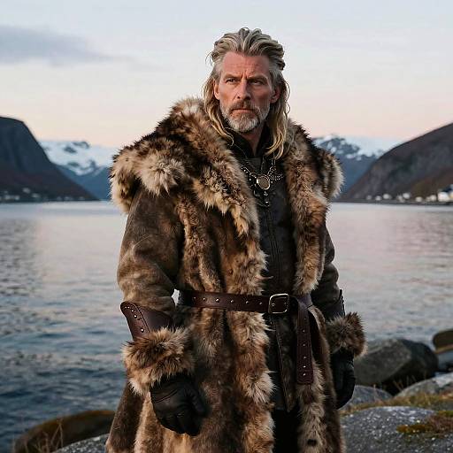 Man in Viking-Style Fur Coat by Snowy Fjord Landscape