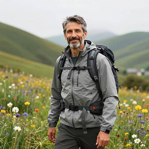 Man Hiking Outdoors in Wildflower Meadow with Backpack