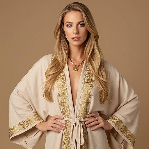 Elegant Woman in Beige Embroidered Robe with Gold Accessories
