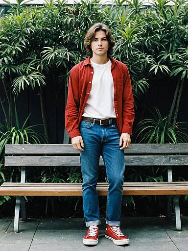 Smart Casual Outfit with Red Shirt and Sneakers on Young Man
