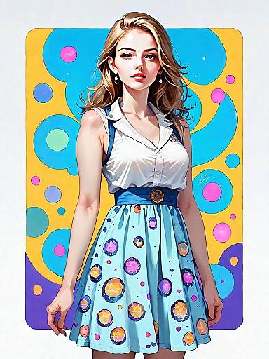 Realistic Comic Style Full Body Woman in Colorful Dress Illustration