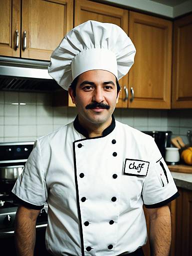 Man in Chef Costume Candid Portrait in Kitchen Setting