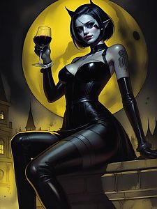 Gothic Woman in Black Latex with Wine and Moon