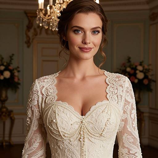 Elegant Bride Wearing Pearl Embellished Lace Wedding Dress in Classic Interior