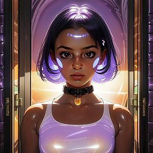 Portrait of a Young Woman with Sleek Hair and Futuristic Background