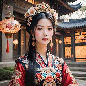 Elegant Woman in Traditional Attire with Lanterns