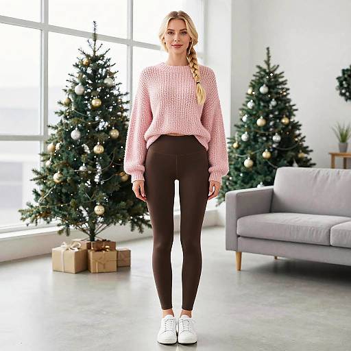 Young Woman in Pink Sweater and Brown Leggings Standing by Christmas Trees