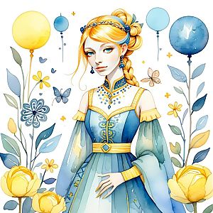 Elegant Woman in Medieval Blue and Yellow Gown