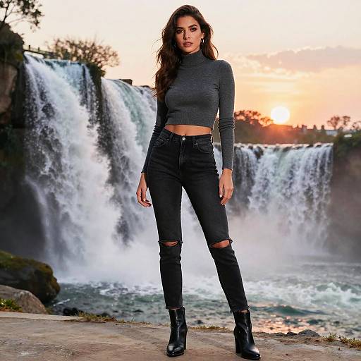 Woman in Charcoal Grey Cropped Turtleneck and Black Ripped Jeans by Waterfall at Sunset
