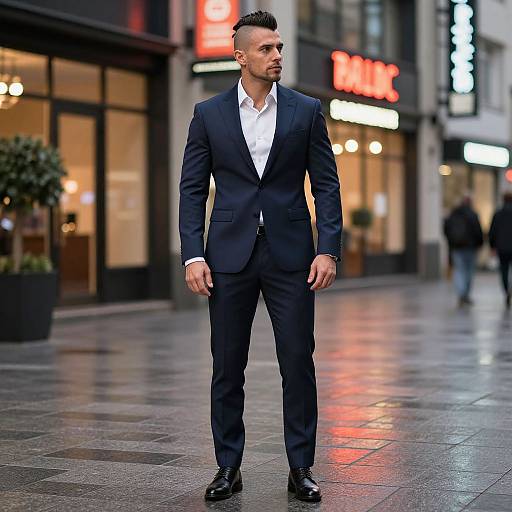 Confident Man in Navy Blue Suit on City Street