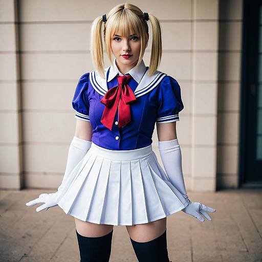 Woman in Blue and White Japanese School Uniform Cosplay with Blonde Twin Ponytails