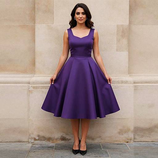 Woman in Elegant Purple Tudor Dress Standing Against Stone Wall