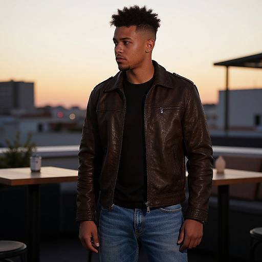 Young Man in Brown Leather Jacket on Rooftop at Sunset