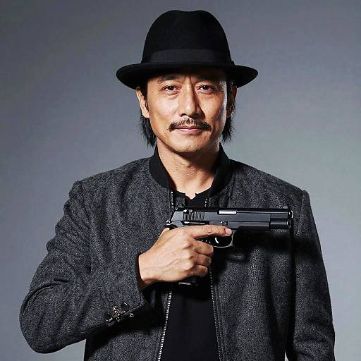 Man in Fedora Hat Holding Gun Portrait with Dramatic Lighting