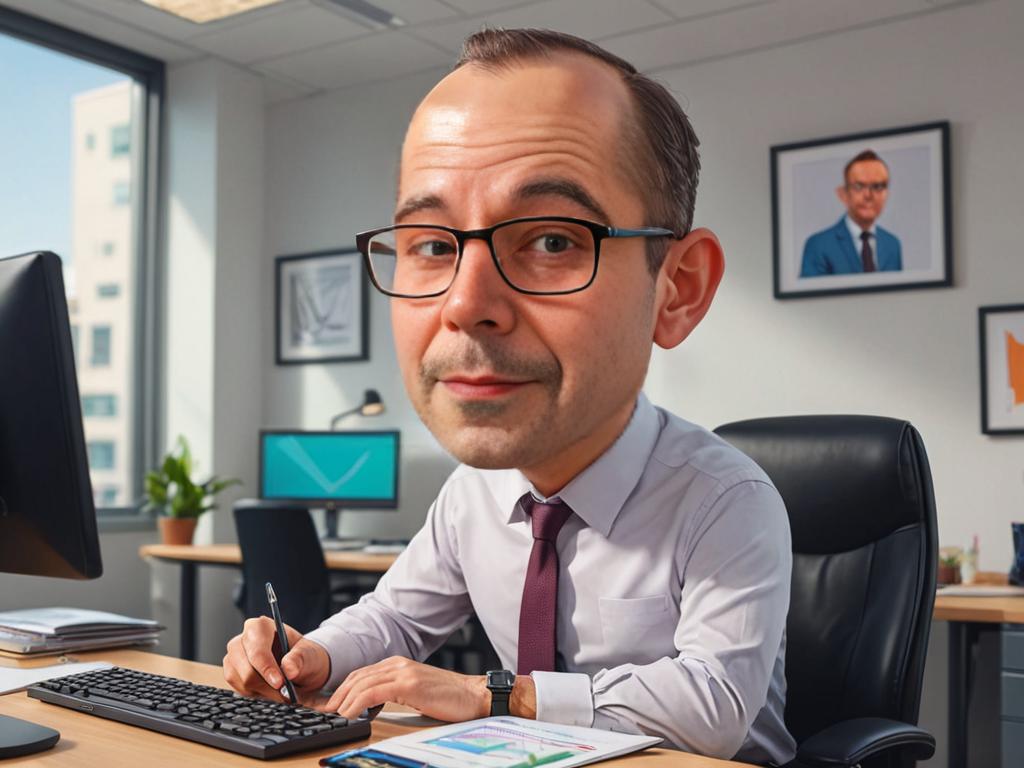 Caricature of a Man with Exaggerated Head at Office Desk