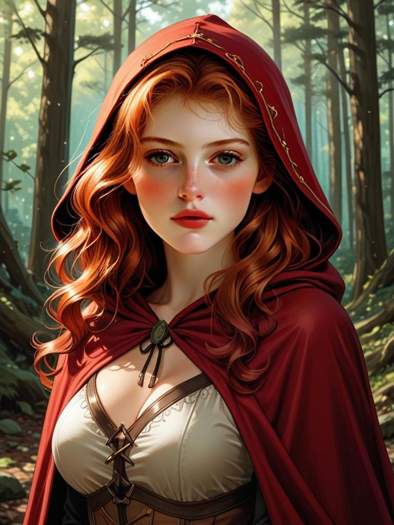 Young Woman in Red Cloak in Sunlit Forest