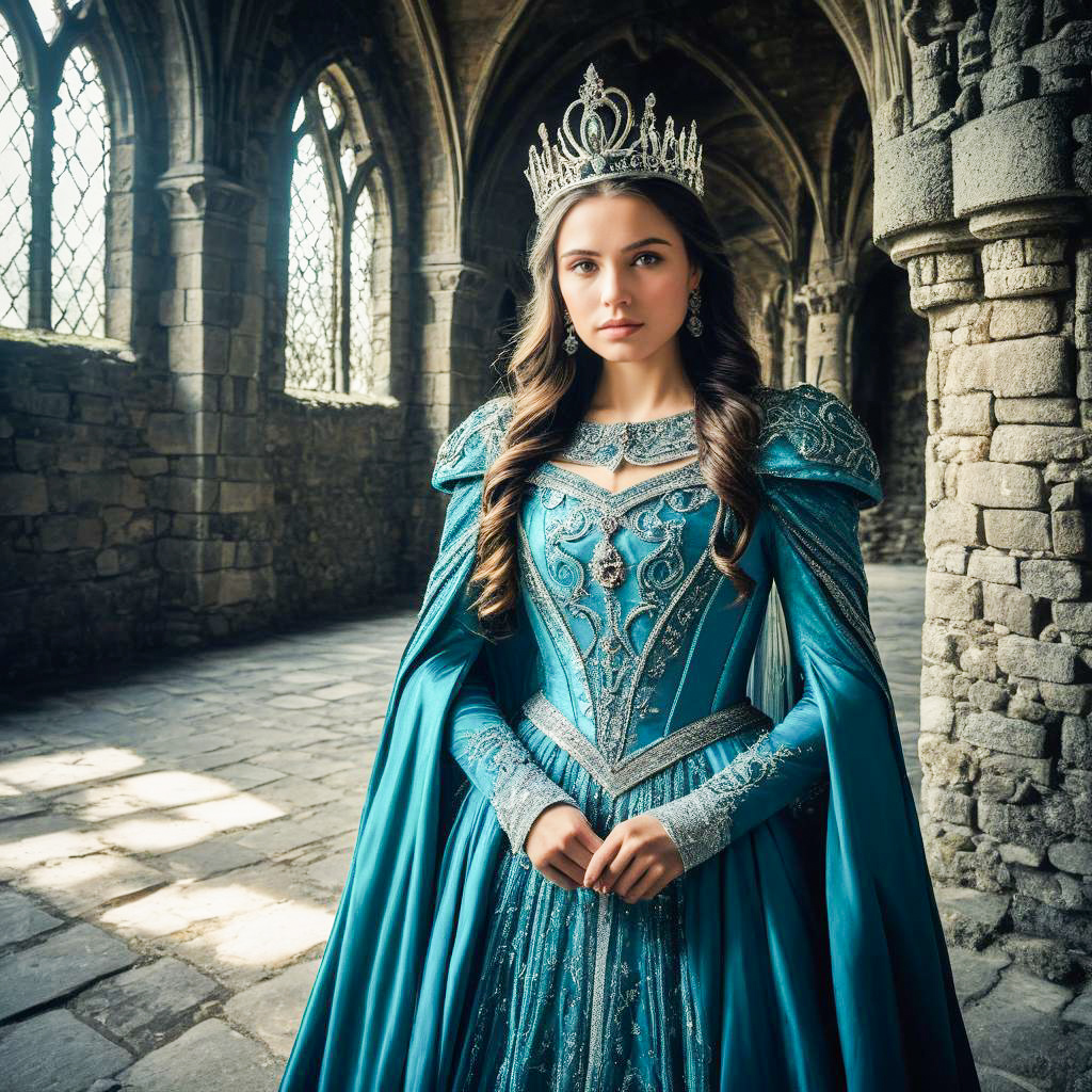Elegant Woman in Blue Gown in Historic Stone Hall