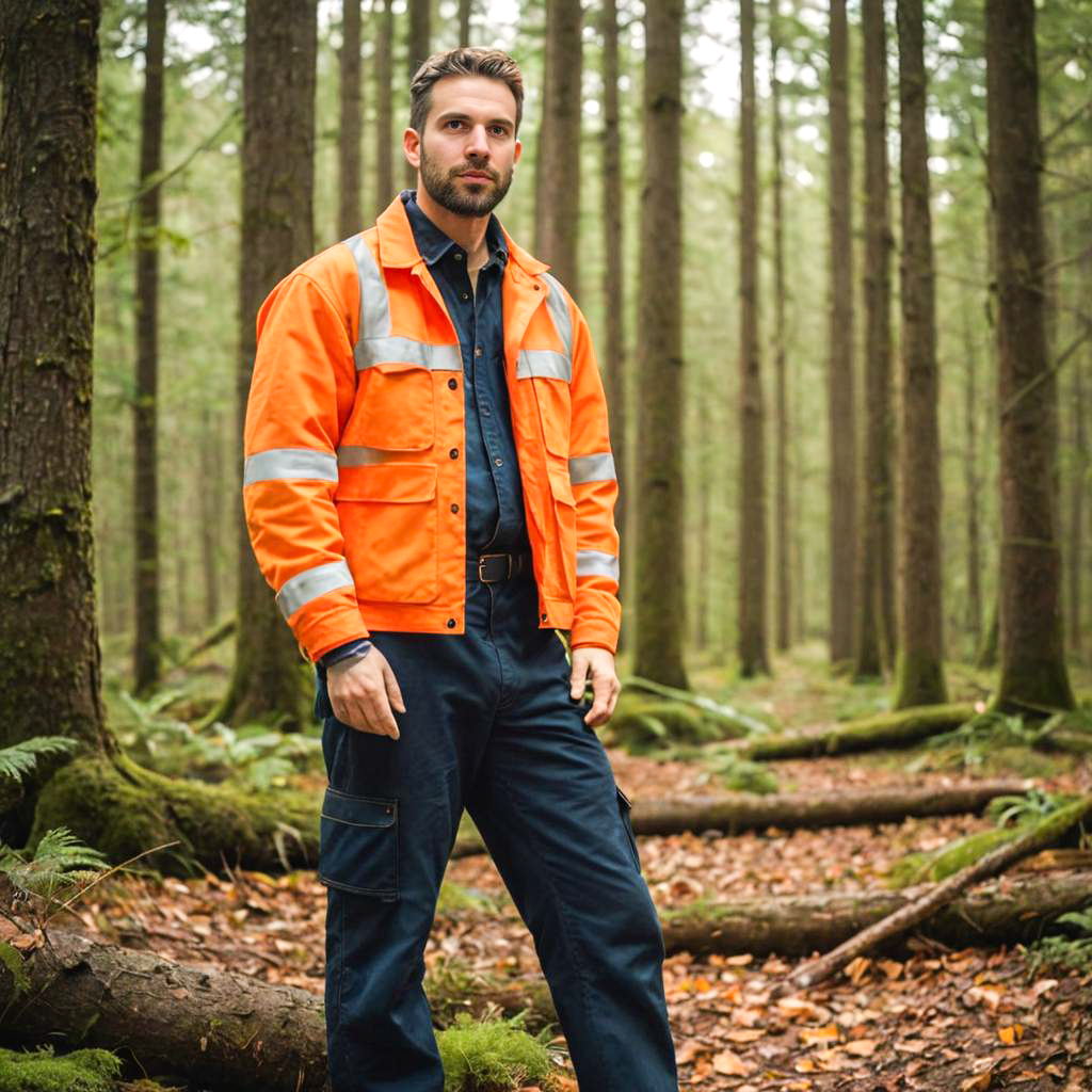 Man in Orange Safety Jacket in Forest