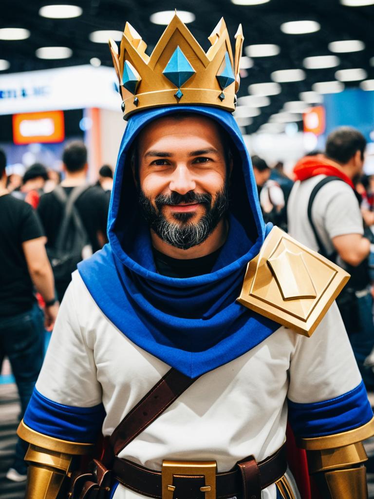 Man in Detailed Clash Royale King Cosplay at Gaming Convention