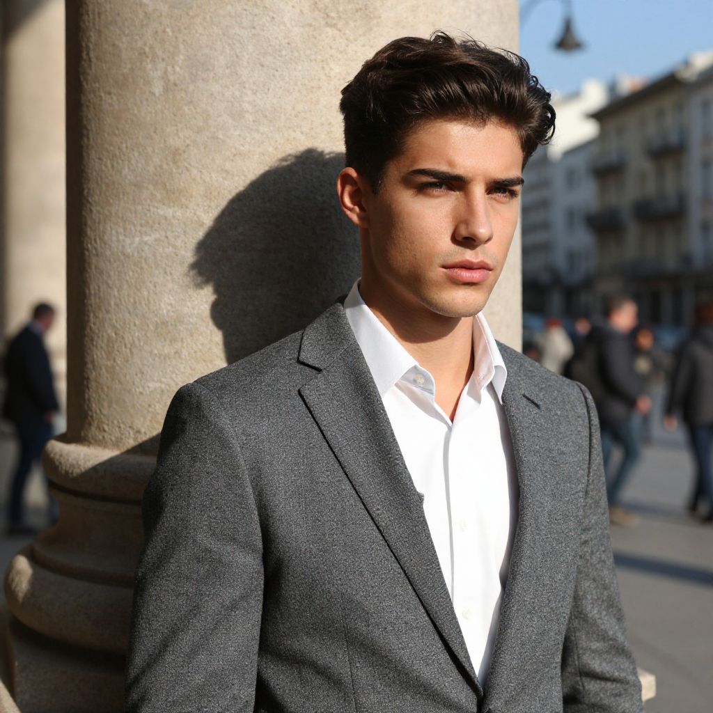 Young Man Wearing Grey Suit Standing by Pillar in City