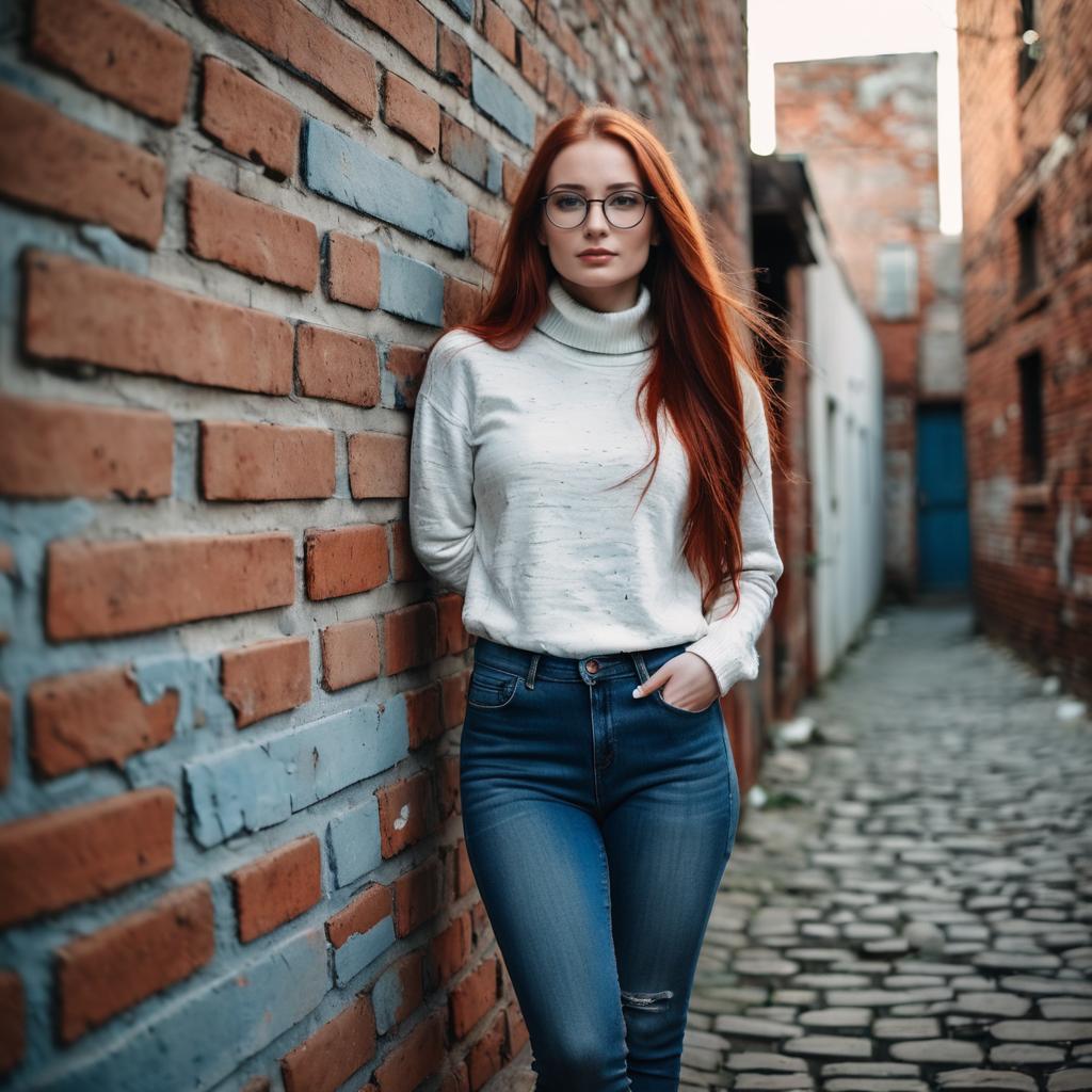 Portrait of Red-Haired Woman in White Sweater Leaning on Brick Wall in Urban Alley