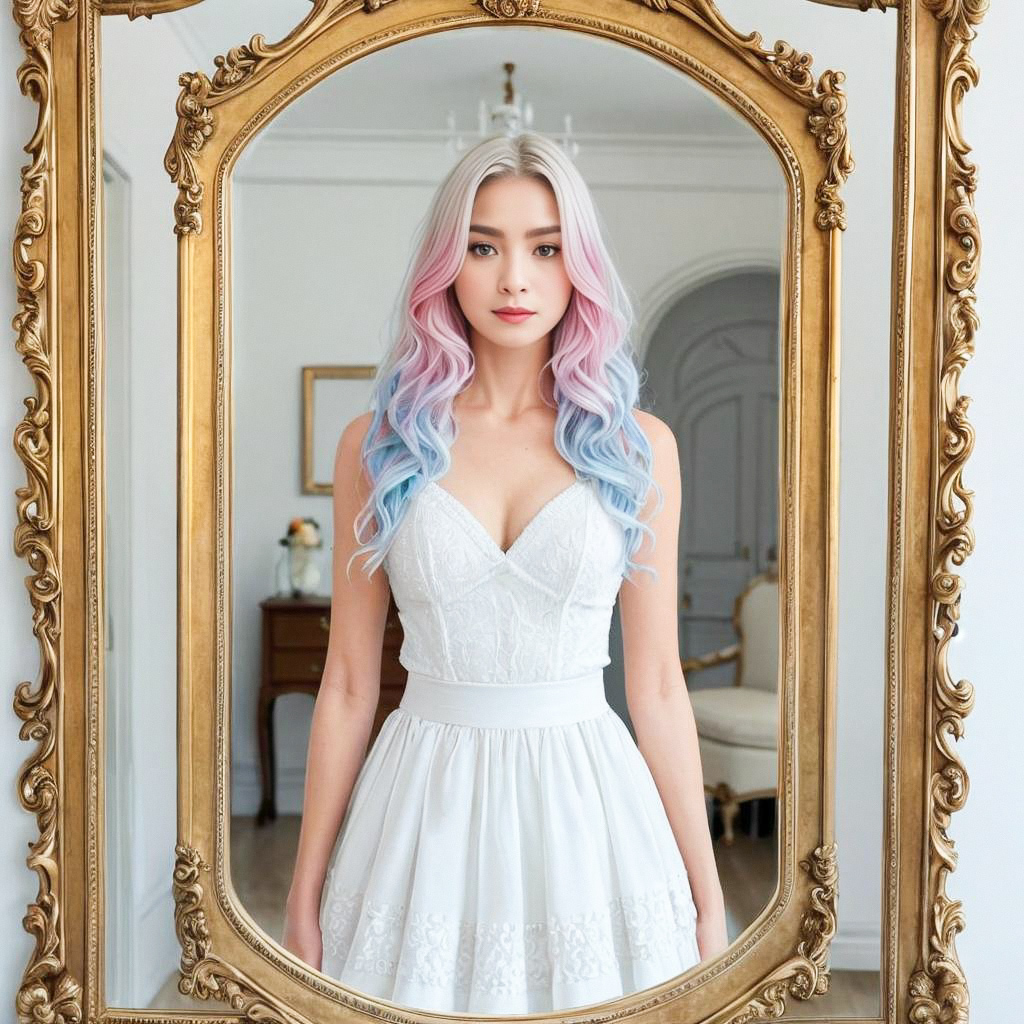 Elegant Woman in Pastel Dress by Ornate Mirror Elegant Woman in Pastel Dress by Ornate Mirror