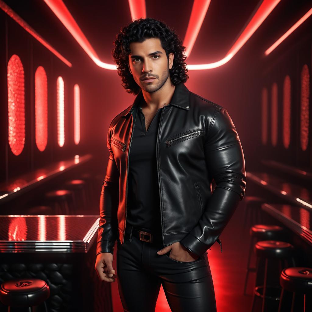 Man in Black Leather Jacket with Red Lights