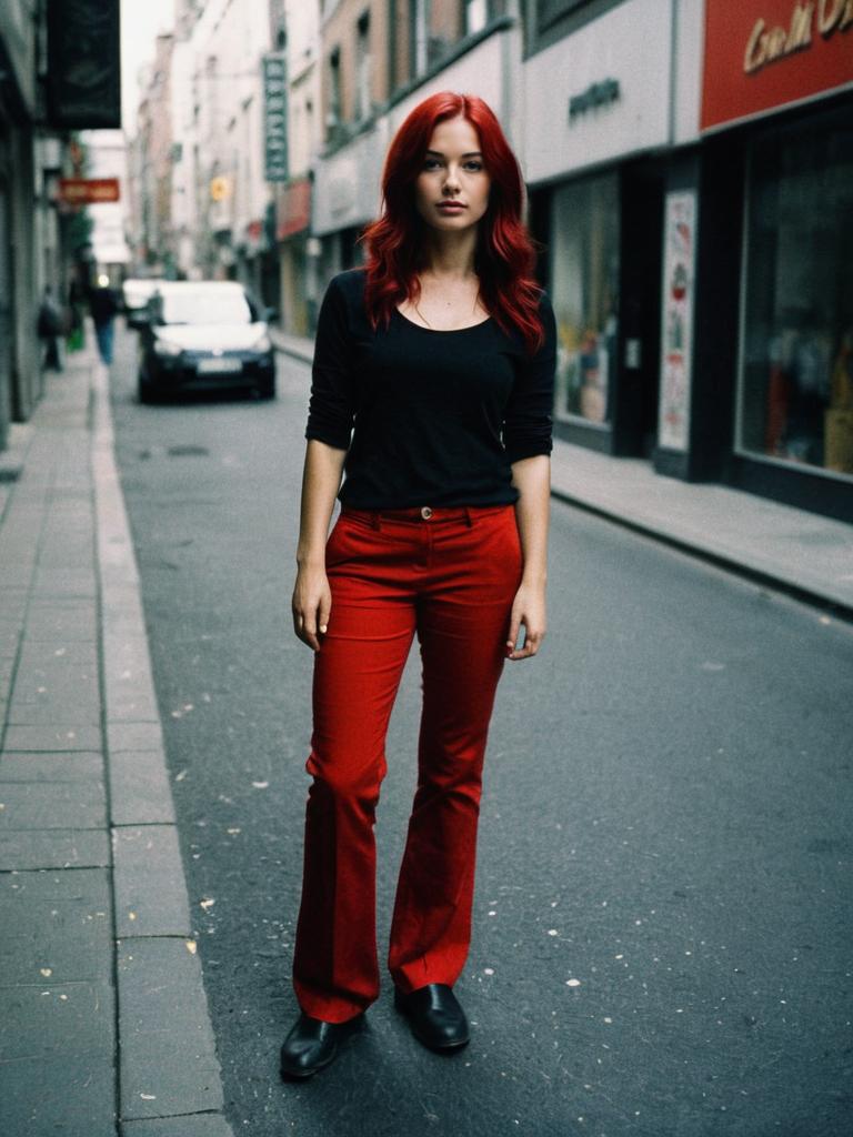 Urban Portrait of Woman with Red Hair in Stylish Black Top and Red Pants