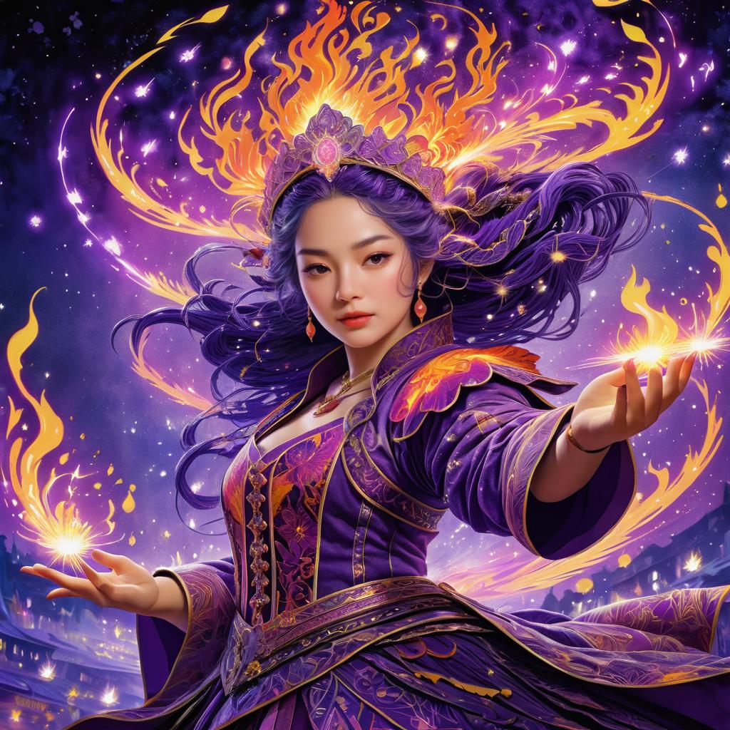 Woman in Royal Purple Attire Manipulating Flames