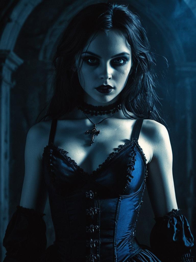 Gothic Woman in Dark Corset with Cross Necklace in Moody Stone Archway