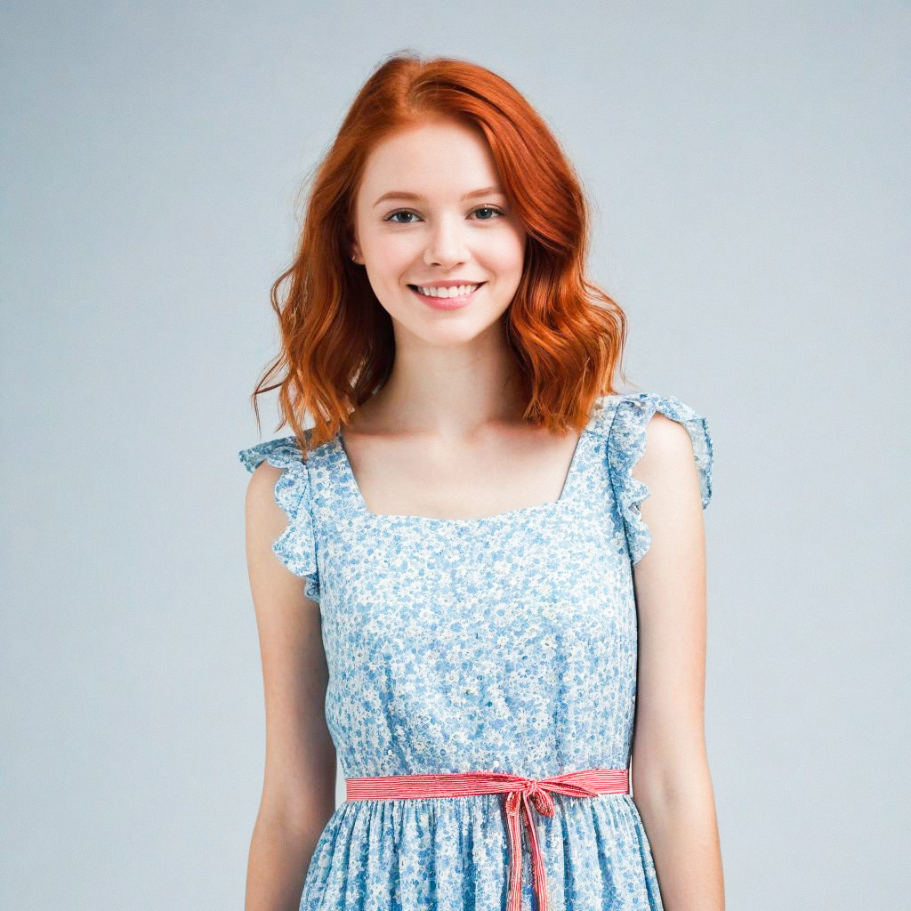 Smiling Young Woman with Red Hair in Floral Dress Smiling Young Woman with Red Hair in Floral Dress