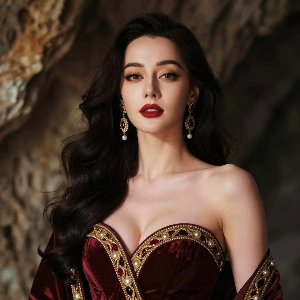 Elegant Woman in Embroidered Burgundy Dress with Pearl and Gold Accents