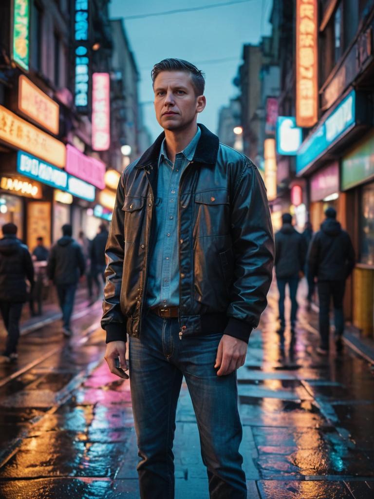 Man in Casual Attire on Bustling City Street at Twilight